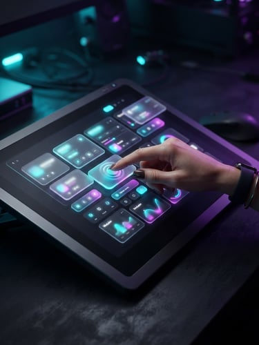 Close-up of a designer's hand interacting with a glowing glassmorphic UI mockup on a dark screen, neon cyan and purple accents, sharp focus, 8k, moody studio lighting.
