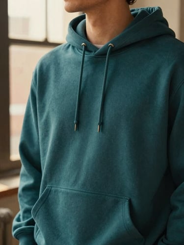Warm editorial lifestyle photography of a person in a sunlit Brooklyn loft wearing a deep teal graphic hoodie, soft golden-hour light, rich desaturated tones, shallow depth of field, 35mm