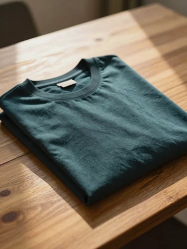 Warm editorial lifestyle photography of folded premium t-shirts on a wooden table, natural golden-hour sunlight casting soft shadows, 35mm