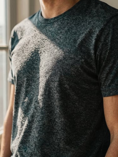 Warm editorial lifestyle photography of a person wearing a premium charcoal combed cotton t-shirt in natural window light, close-up on fabric texture and high-fidelity print quality, shallow depth of field, 35mm