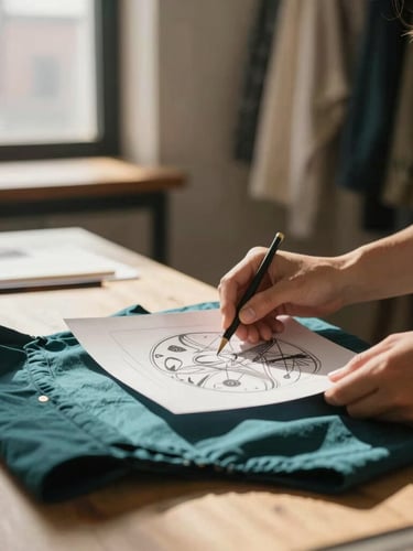 A creative designer in a sunlit Brooklyn loft carefully reviewing a printed graphic garment, natural warm light, soft focus background, editorial lifestyle photography.