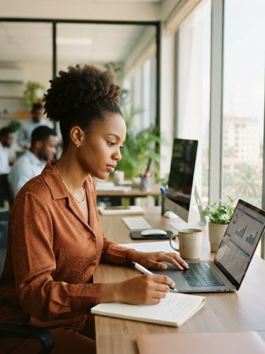 Portrait of a focused young African professional woman in a bright, modern office in Cotonou, soft natural window light, professional attire, earthy tones, 35mm photography