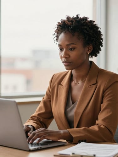 Warm editorial photography of a professional African woman working on a modern laptop in a bright corporate office, soft natural window light, focused and determined expression, 35mm