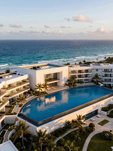 Dramatic architectural wide-angle drone shot of a luxury Riviera Maya resort at golden hour, warm light reflecting off infinity pools, pristine ocean in the background, clean composition.