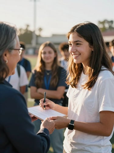 A high-school student receiving an award from a smiling mentor, warm golden-hour Southern California sunlight, soft focus background, 35mm.