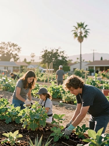 A warm golden-hour view of a Laguna Niguel community garden with active volunteers tending to plants, bright natural Southern California sunlight, soft focus background, 35mm