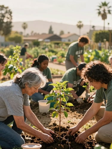 Candid medium shot of volunteers of diverse ages planting trees in a sunny Laguna Niguel community garden, warm golden-hour light, soft focus background, 35mm