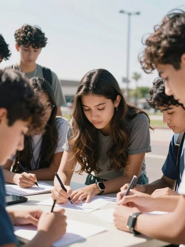 Group of diverse high school students collaborating on a project outdoors, bright natural Southern California sunlight, candid action shot, 35mm.