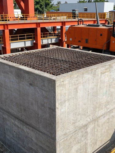 A vertical portrait of a massive concrete foundation pour at a Bangladeshi industrial plant, heavy machinery visible, clean steel reinforcement grids, bright natural daylight