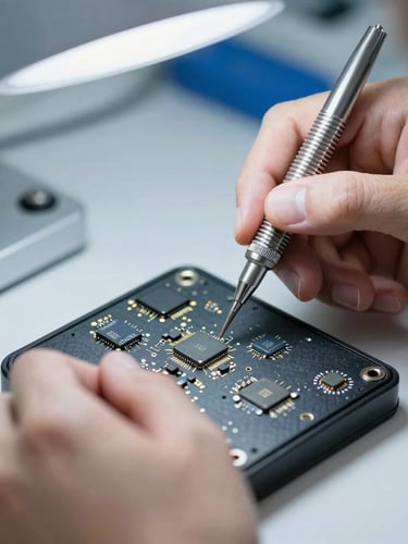 Close-up of a technician hands using precision tools to repair a device under focused laboratory light, clean workspace, 50mm