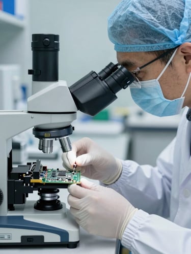 A professional technician in a clean sterile lab coat analyzing a circuit board under a microscope, focused lighting, slate gray and electric blue accents, 50mm