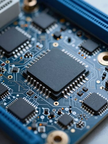 Macro photography of a clean motherboard under cool laboratory light, sharp microchip details, slate and electric blue tones, 50mm