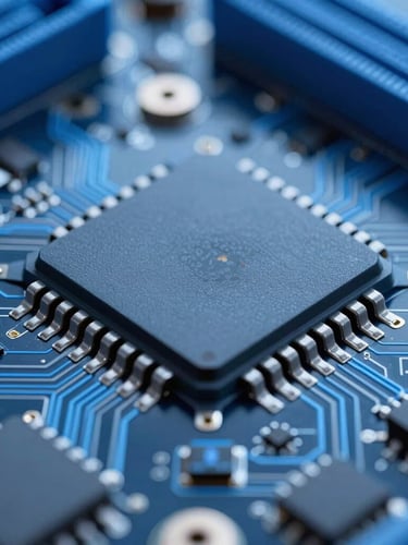 Extreme macro close-up of a high-end motherboard microchip under cool blue laboratory lighting, sharp focus on silicon pathways, slate gray and electric blue tones, 50mm
