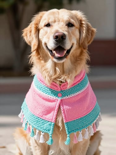 A happy golden retriever wearing a vibrant pink and turquoise handcrafted Mexican pet poncho, sitting outdoors in bright natural daylight, eye-level portrait