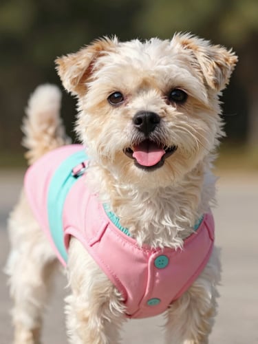 Close-up of a cheerful small dog wearing a vibrant, perfectly fitted pink and turquoise artisanal vest, standing proudly in warm natural daylight, sharp focus.