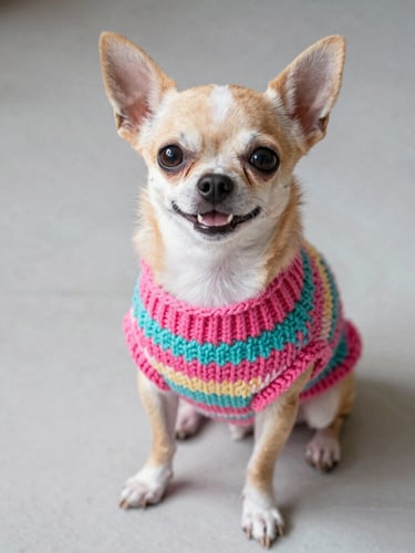 A happy small chihuahua wearing a colorful handcrafted pink and turquoise Mexican knitted sweater, sitting on a clean light grey floor, looking up with bright eyes, warm natural daylight.