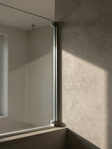 Wide architectural interior, close-up of a custom glass partition corner joint at a residential wall, sharp focus on the aluminum mount and silicone bead detail, natural north-facing daylight revealing material transition between glass and concrete substrate, no people, muted warm gray tones