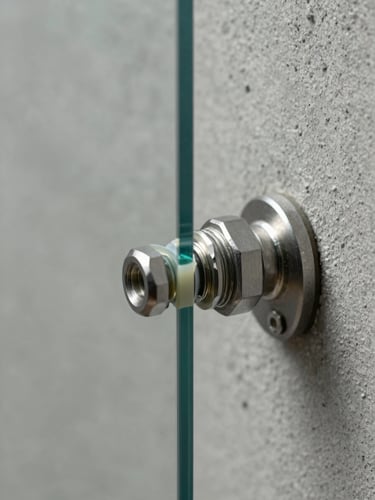 Tight 45-degree close-up of a stainless steel spider fitting clamping a tempered glass panel to a concrete wall, the joint gap and silicone bead in sharp focus, muted gray tones, soft overhead studio light revealing the material transition between metal and glass
