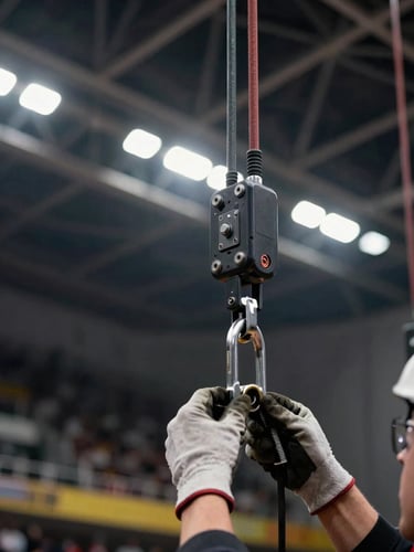 Close-up detail of stage rigging hardware and truss connections under harsh work lights in an empty arena, cables and chain motors visible mid-fly, a technician's gloved hands adjusting a shackle in the foreground, depth of field revealing the full grid height above