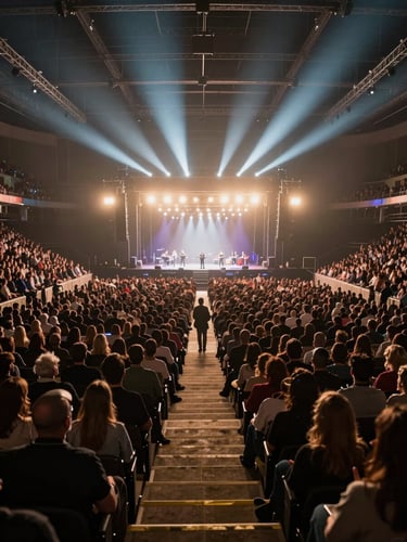 Elevated wide-angle view from the back of an arena looking toward a fully rigged main stage, audience packed floor-to-ceiling in a sold-out venue, dramatic beam lighting cutting through haze above the crowd, stage set fully lit with production trusses visible, practical work-light traces along the aisles