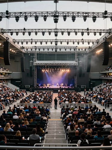 Wide environmental shot looking across a completed concert venue floor from an elevated position, stage rigging fully flown with a dense array of lighting trusses and speaker clusters visible, thousands of audience members filling the floor, deep stage lighting cutting through haze, operational scale front and center