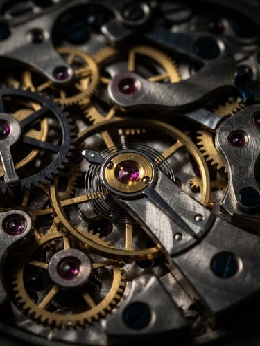 Extreme close-up macro shot of a mechanical watch movement, gears and ruby bearings, hard directional studio light, deep shadows, metallic textures, high contrast, 85mm lens