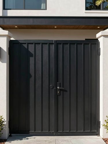 Straight-on architectural elevation of a modern black steel estate gate in Los Angeles, high-contrast California daylight, crisp shadows.