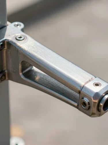 Close-up of a heavy-duty gate actuator arm, brushed metal, clean mechanical welds, bright daylight.