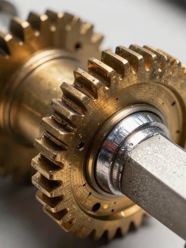 Macro close-up of heavy-duty brass gears and a clean actuator arm weld, bright high-contrast daylight, sharp shadows.
