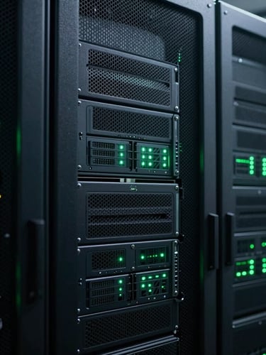 Macro shot of high-performance servers in a dark high-security data center, cool low-key lighting with subtle terminal green LED indicators, sharp focus, 35mm