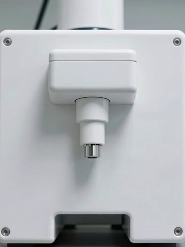 Symmetrical close-up of a pristine white medical dry imager chassis in a sterile clinical laboratory, bright diffused white lighting, sharp high-contrast shadows emphasizing the matte material finish.