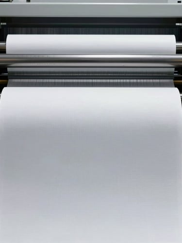 Symmetrical macro shot of a heavy industrial roll-to-roll printing press feeding a pristine white textured film, clinical white studio lighting, sharp shadows, focusing on the precision guide rollers.