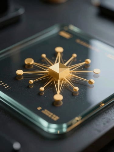Macro close-up of a layered glass user interface displaying clean golden data visualizations and abstract 3D geometric nodes, dark metallic background, low-key cinematic lighting.