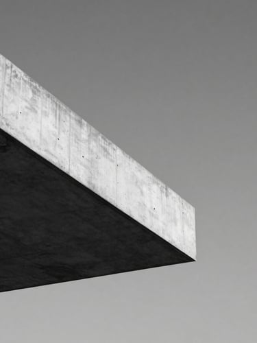 Minimalist architectural detail of a concrete cantilever edge slicing through a clear sky, hard diagonal division, stark black and white.