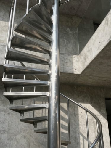 Low-angle architectural elevation of a minimalist stainless steel spiral staircase in a concrete villa, sharp shadows, natural light reflecting off satin-brushed metal.