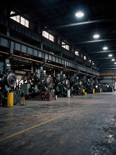 Wide angle industrial facility interior, overhead factory lighting, dramatic high-contrast shadows, 35mm gritty industrial photography