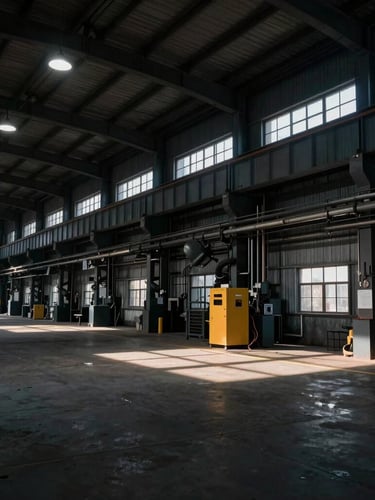Wide angle industrial facility interior, natural high-contrast industrial light, dramatic shadows, overhead factory lighting showing scale of the facility