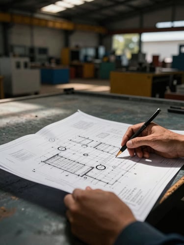 Close-up of hands reviewing technical blueprints on-site in a Colombian manufacturing plant, dramatic shadows, 35mm