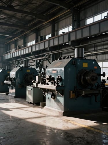Wide-angle industrial facility interior in Cleveland, heavy machinery, high-contrast natural light, 35mm