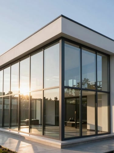 Architectural photography of a modern minimalist house with a glazed aluminum terrace system, golden hour sun flare reflecting on clean glass panels, sharp frame joints, 35mm lens