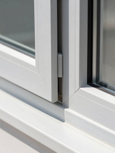 Architectural close-up of a modern aluminum window joint, clean anodized silver frame, crisp natural daylight, sharp details, 35mm lens