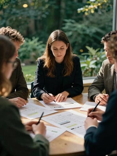 A warm editorial portrait of a collaborative marketing strategy session in Salisbury, team members huddled over physical charts, natural side-lighting, deep forest green and gold tones, shallow depth of field, 35mm