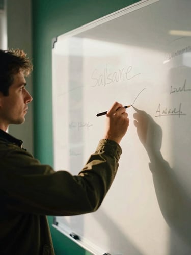 Close-up environmental shot of tactical planning on a physical whiteboard in a Salisbury office, warm natural side-light, soft shadows, 35mm