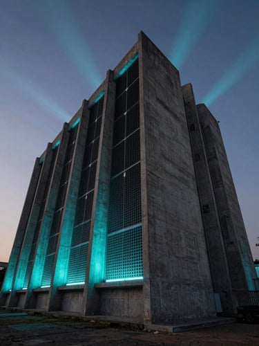 Wide-angle architectural photograph of a brutalist concrete data center facade in Telangana under a dramatic twilight sky, sharp volumetric light beams, glowing cyan accents.