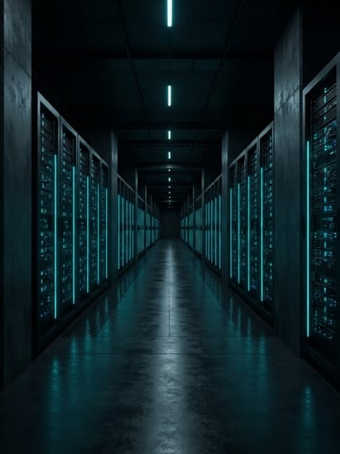 Low-key dramatic architectural photography of massive server corridors with glowing neon cyan LED indicator lights, sharp symmetrical perspective, obsidian concrete texture.