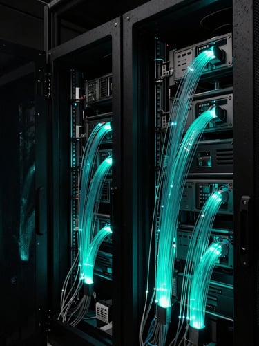 Extreme close-up of high-speed fiber optic cables glowing with intense cyan light inside a dark, brutalist concrete server room, sharp focus, low-key dramatic lighting.