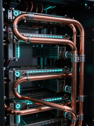 Extreme close-up of copper liquid-cooling pipes weaving through high-density server hardware, glowing cyan accents, dramatic low-key lighting.