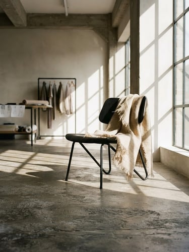 Minimalist architectural interior of a high-fashion design studio, sharp shadows from window light, concrete floors, a single hemp textile draped over a modern chair, low angle, wide shot, 35mm film.
