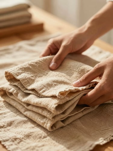 Warm editorial photography of hands carefully folding clean, warm-toned linen textiles in a bright, sunlit room, shallow depth of field