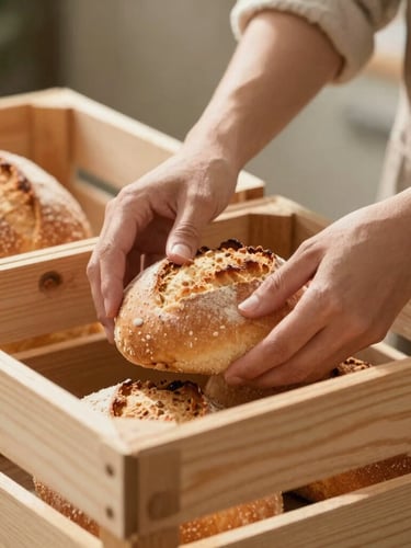 Hands carefully organizing fresh local produce and warm bread into neat wooden crates, soft natural light, shallow depth of field
